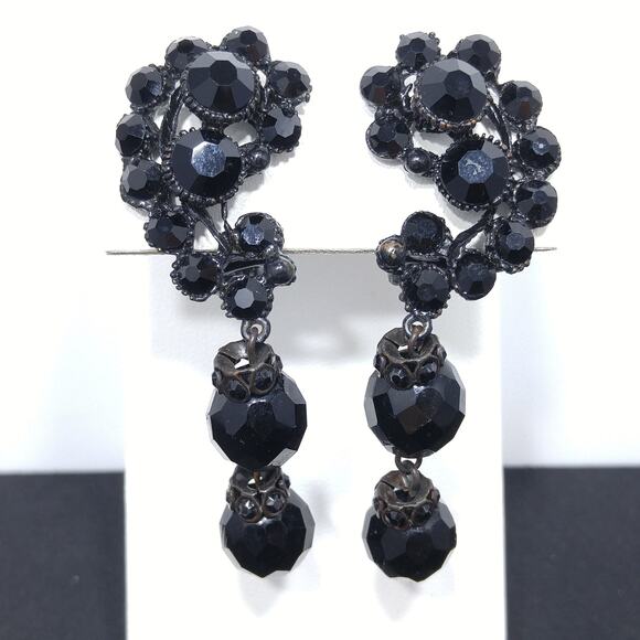 Vintage 1950s Japanned Black Crystal Rhinestone Drop Earrings - Picture 1 of 10